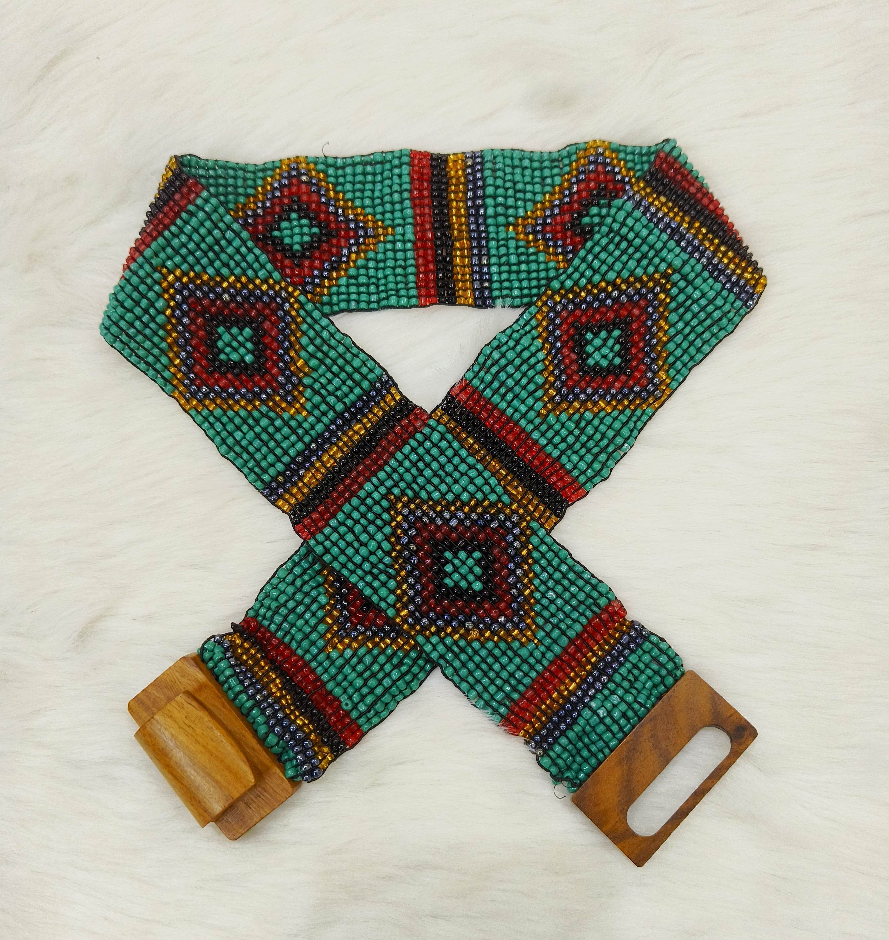 Handmade Stretchable Seed Beaded Belt with Wood Buckle Clasp - Dark Green Multicolor - Guleel