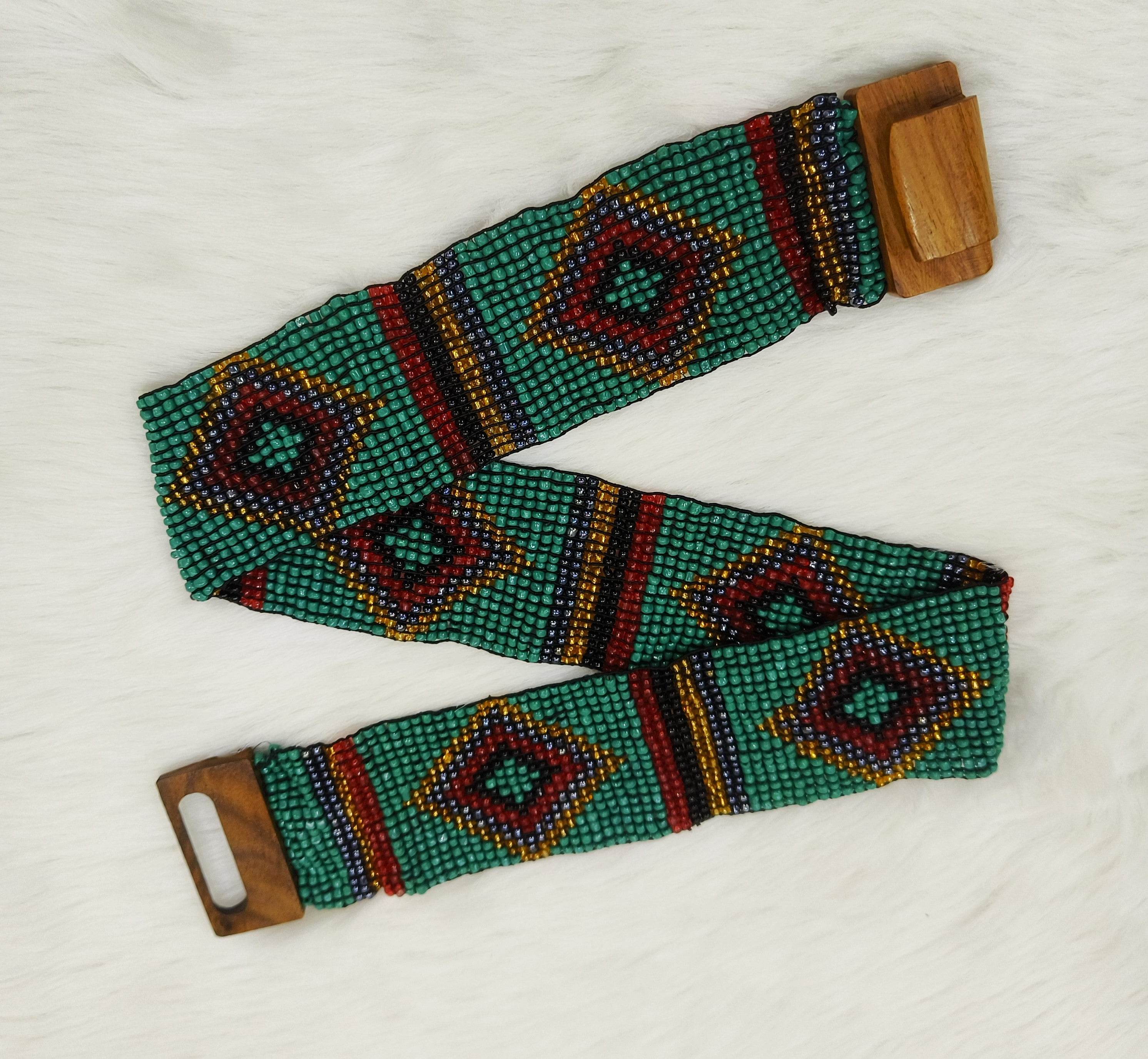 Handmade Stretchable Seed Beaded Belt with Wood Buckle Clasp - Dark Green Multicolor - Guleel
