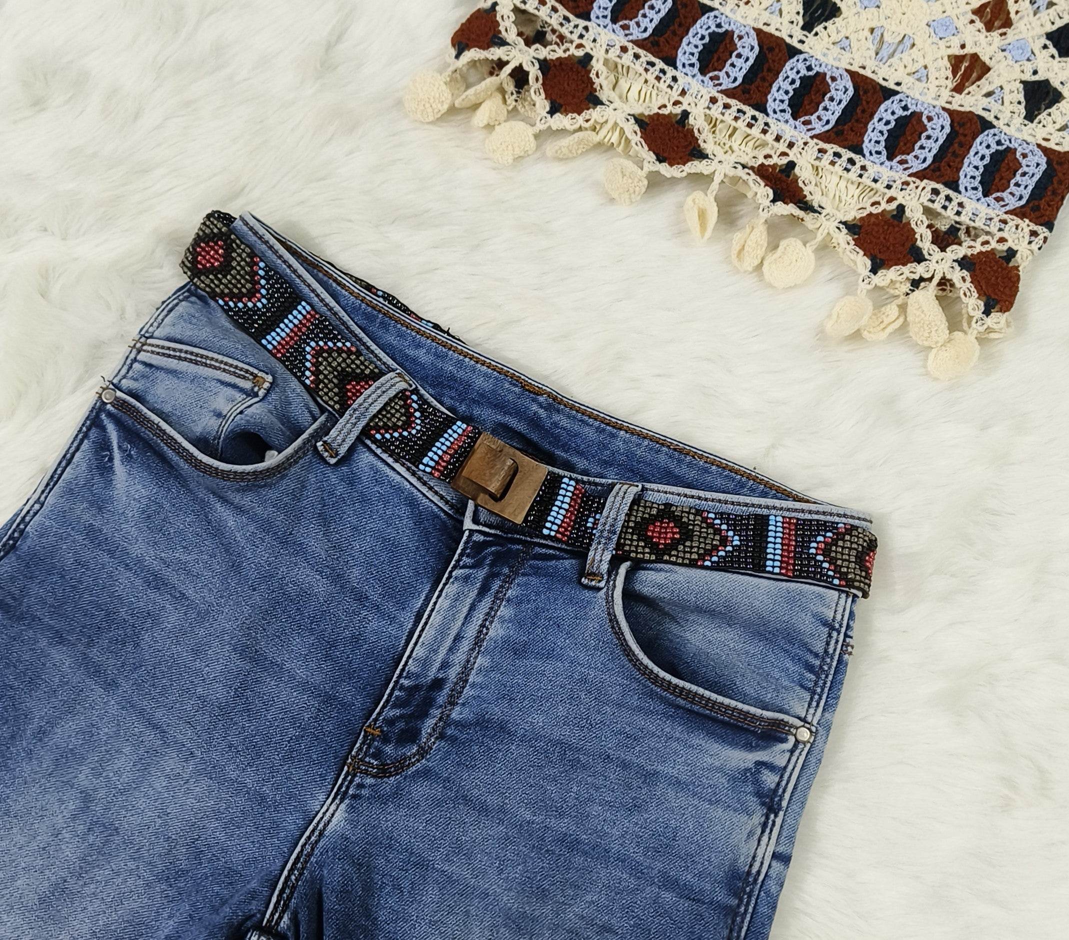 Handmade Stretchable Seed Beaded Belt with Wood Buckle Clasp - Blue - Guleel