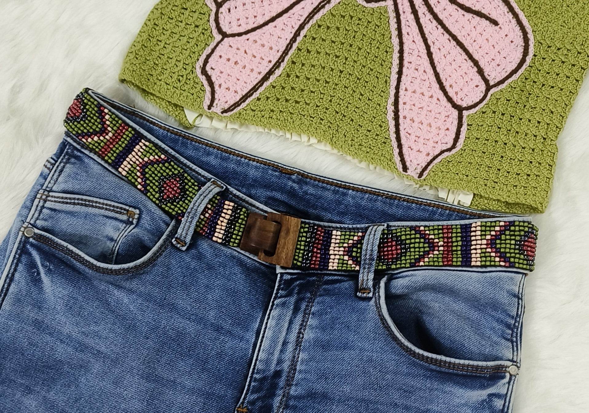 Handmade Stretchable Seed Beaded Belt with Wood Buckle Clasp - Green Multicolor - Guleel