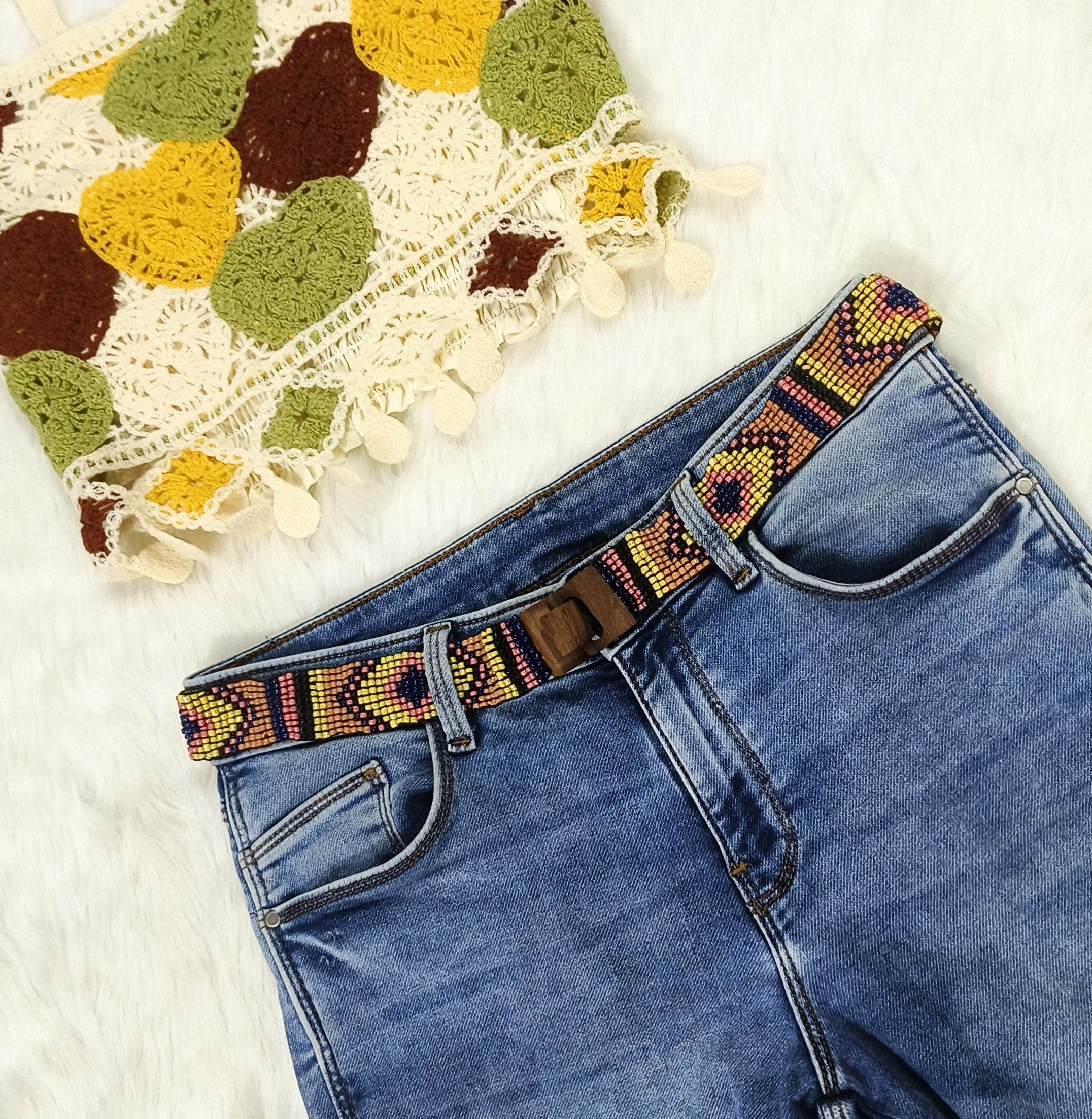 Handmade Stretchable Seed Beaded Belt with Wood Buckle Clasp - Yellow Multicolor - Guleel