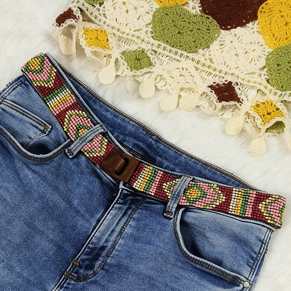 Handmade Stretchable Seed Beaded Belt with Wood Buckle Clasp 