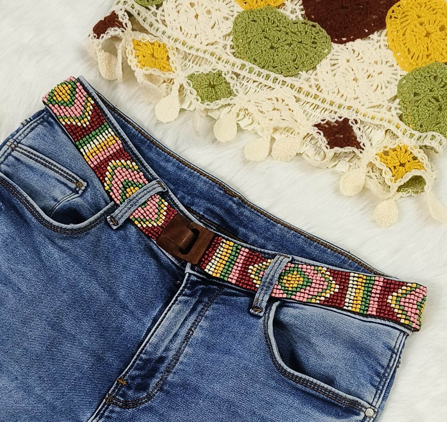 Handmade Stretchable Seed Beaded Belt with Wood Buckle Clasp - Multicolor - Guleel