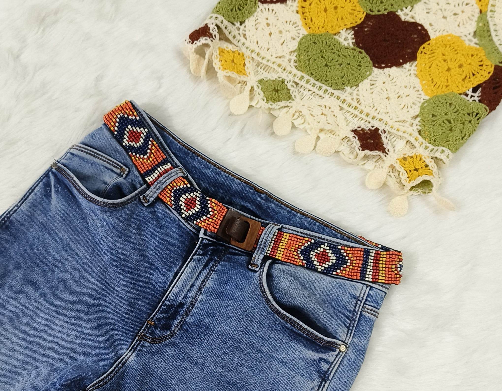 Handmade Stretchable Seed Beaded Belt with Wood Buckle Clasp -Orange Blue - Guleel