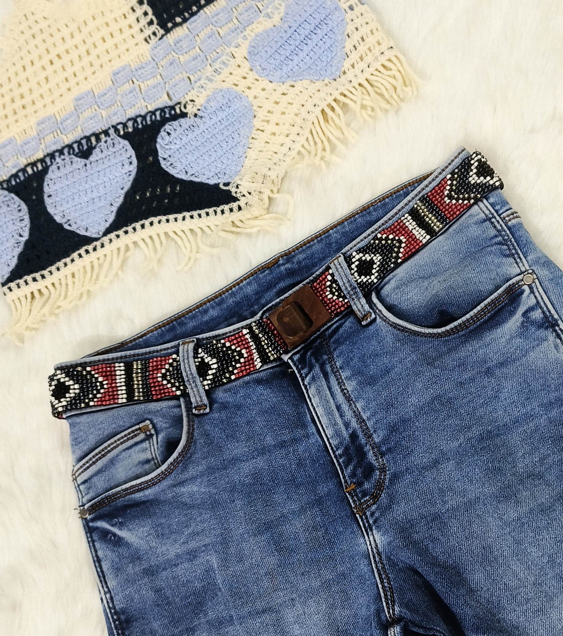 Handmade Stretchable Seed Beaded Belt with Wood Buckle Clasp - Maroon Blue Multicolor - Guleel