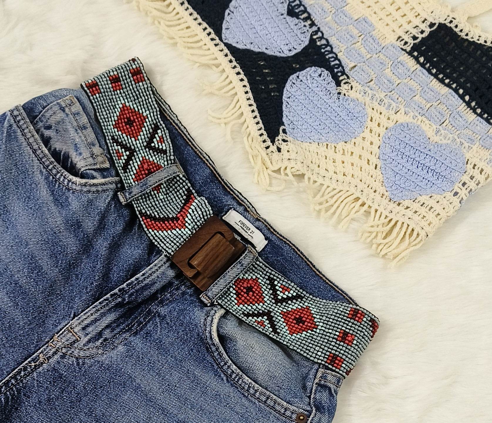 Handmade Stretchable Seed Beaded Belt with Wood Buckle Clasp - Blue and Red - Guleel