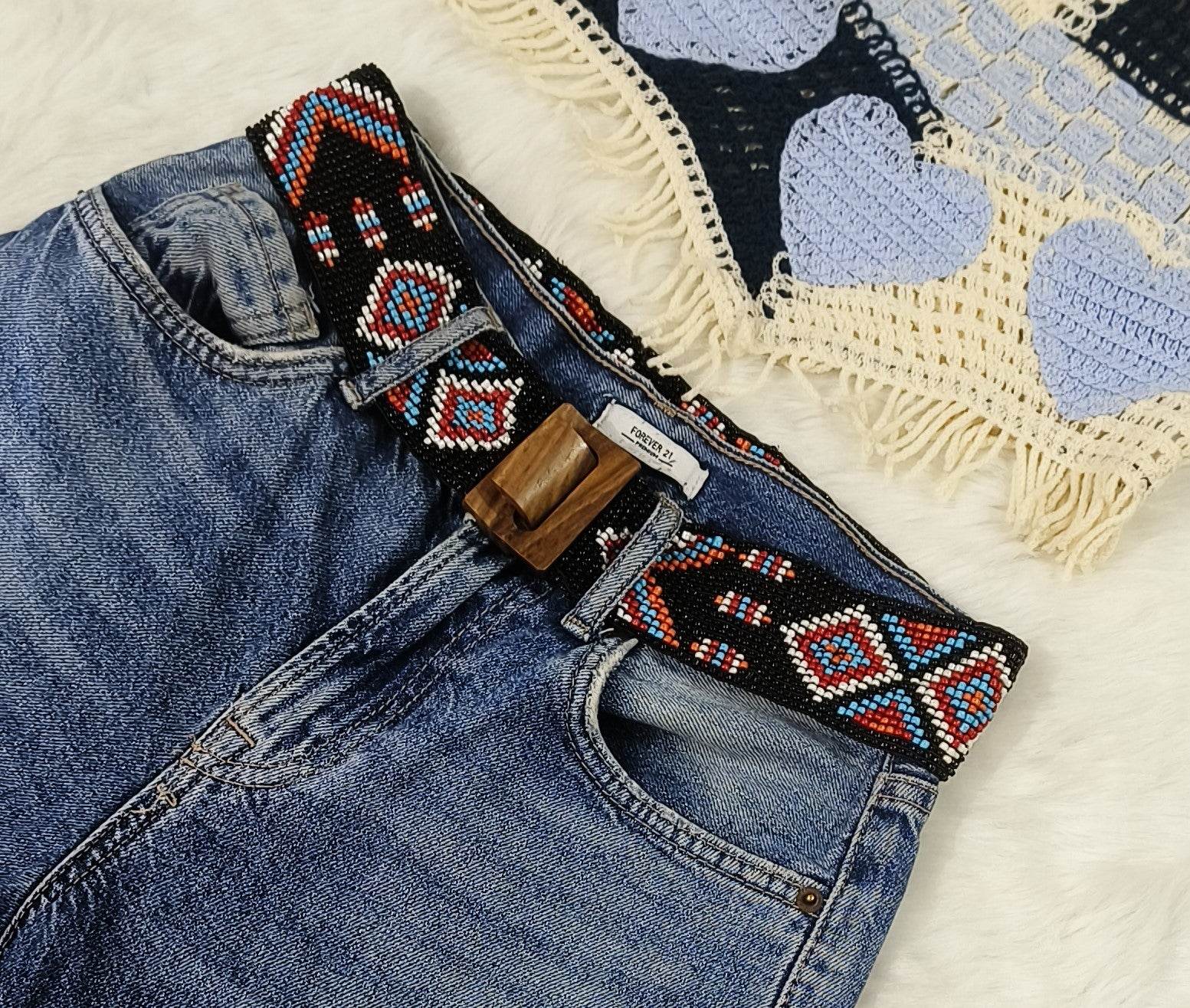 Handmade Stretchable Seed Beaded Belt with Wood Buckle Clasp - Black Multicolor - Guleel