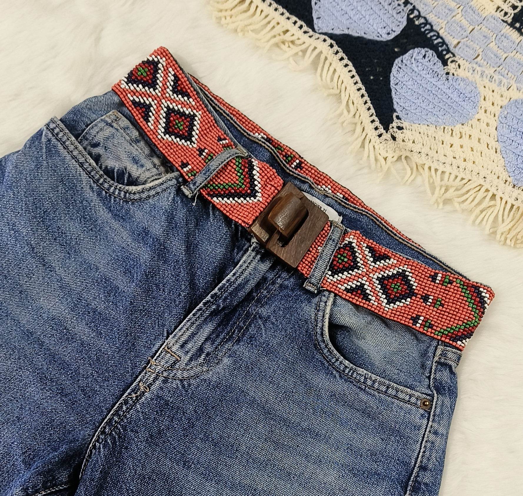 Handmade Stretchable Seed Beaded Belt with Wood Buckle Clasp - Orange Multicolor - Guleel