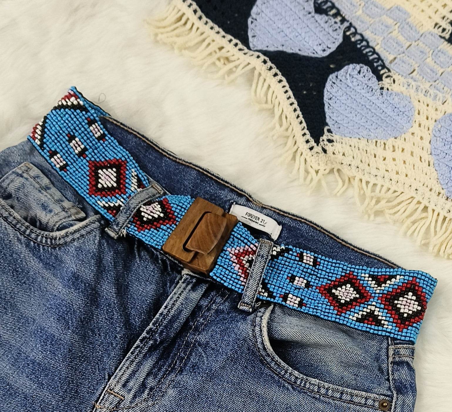 Stretchable Seed Beaded Belt with Wood Buckle Clasp - Blue - Guleel
