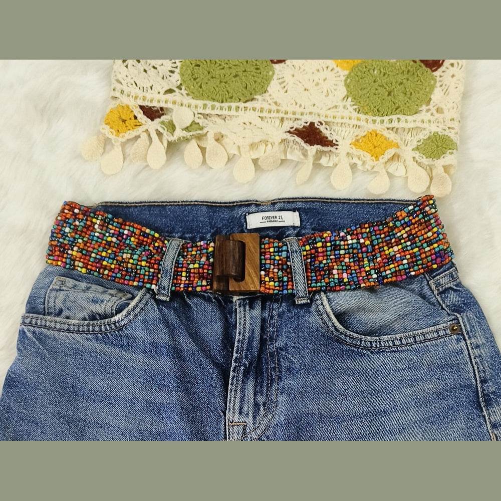Handmade Stretchable Seed Beaded Belt with Wood Buckle Clasp - Multi Color - Guleel