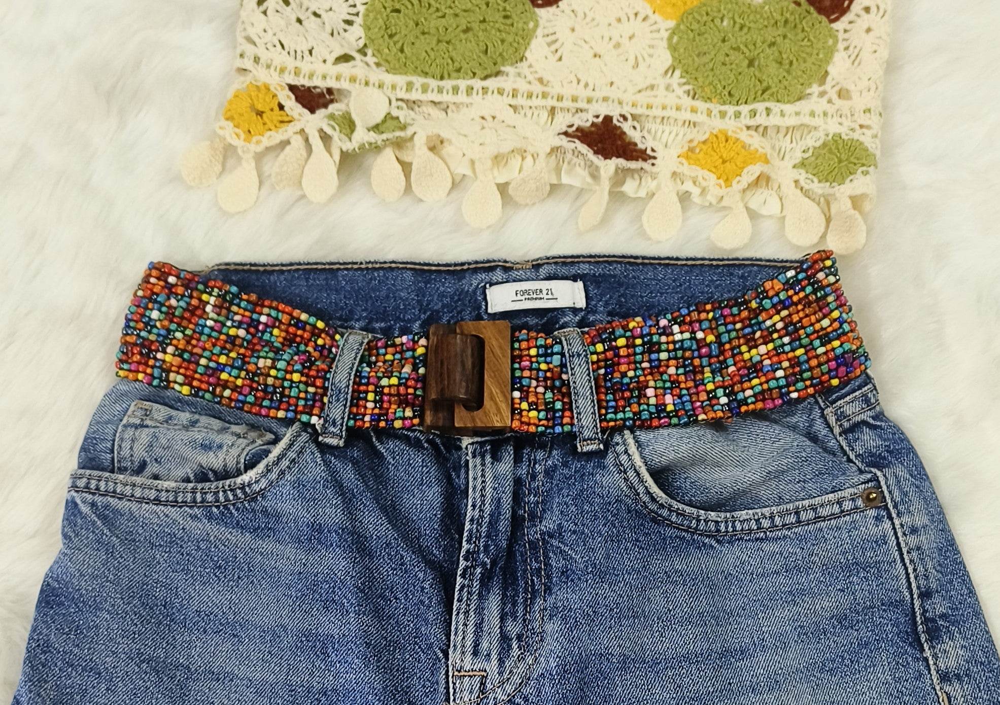Handmade Stretchable Seed Beaded Belt with Wood Buckle Clasp - Multicolor - Guleel
