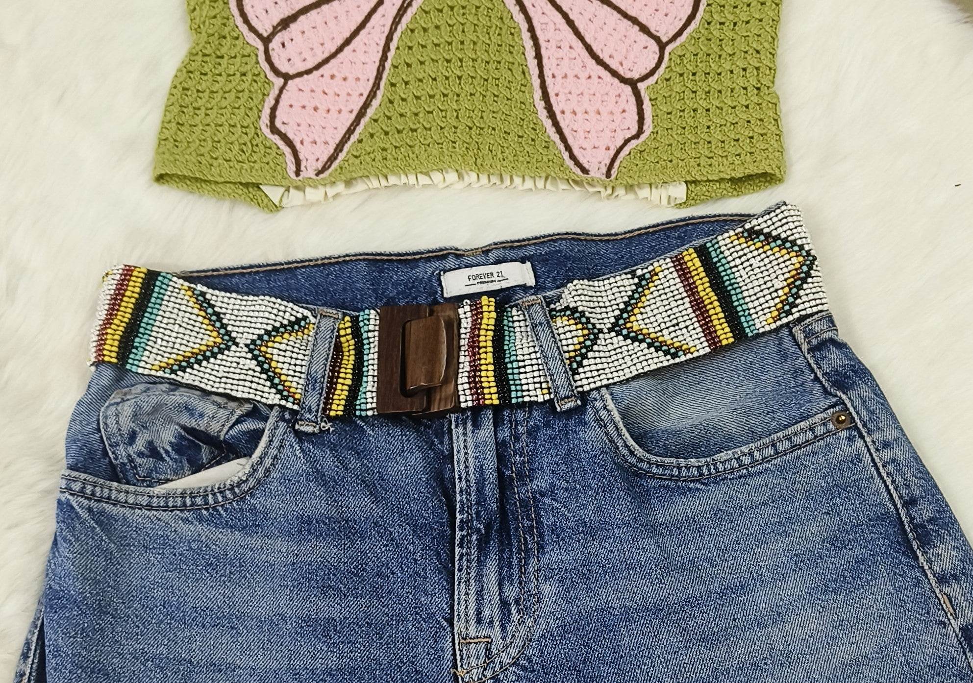 Handmade Stretchable Seed Beaded Belt with Wood Buckle Clasp - White Green - Guleel