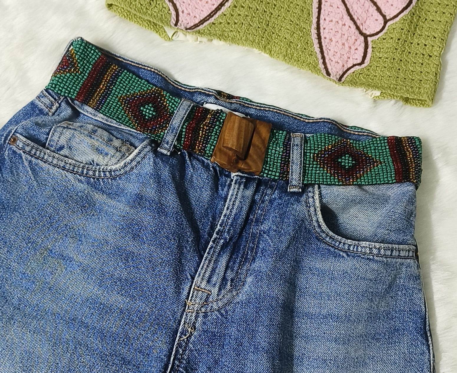 Handmade Stretchable Seed Beaded Belt with Wood Buckle Clasp - Dark Green Multicolor - Guleel