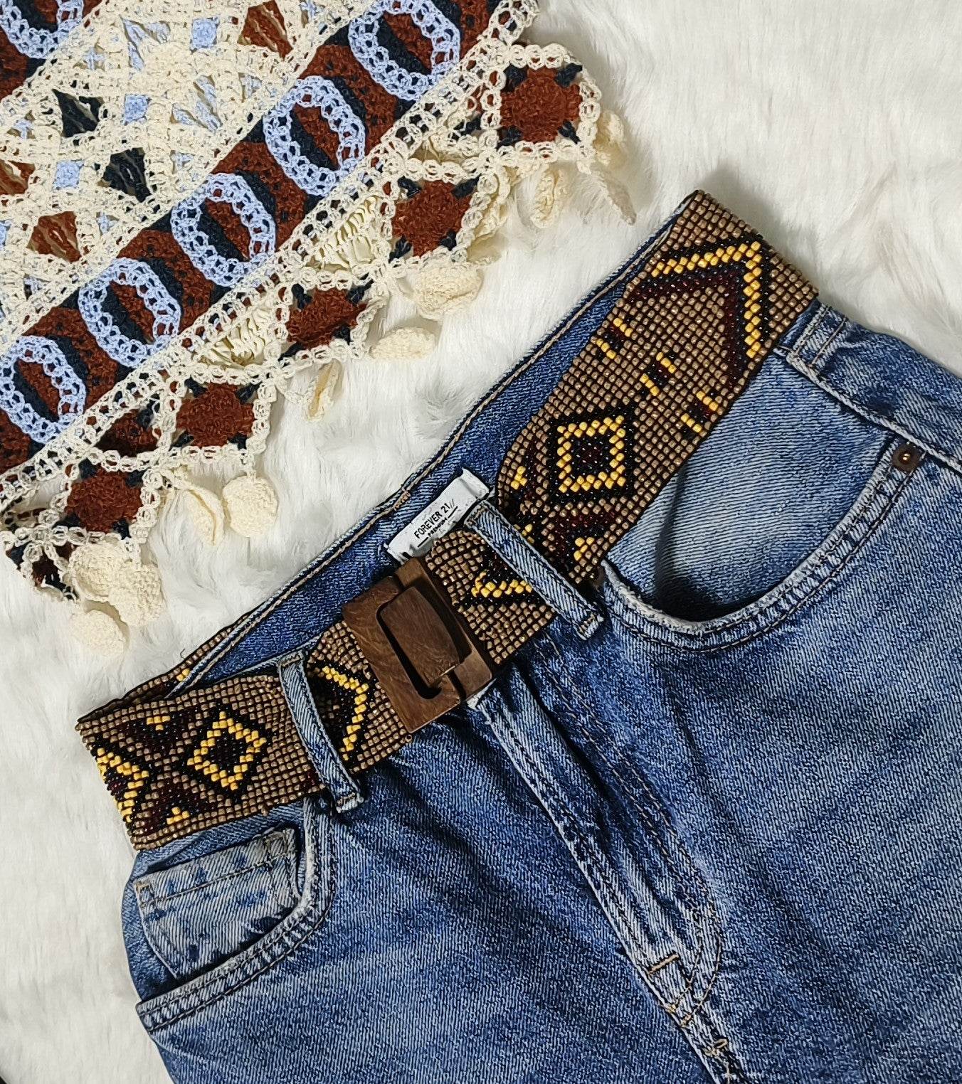 Handmade Stretchable Seed Beaded Belt with Wood Buckle Clasp - Brown - Guleel