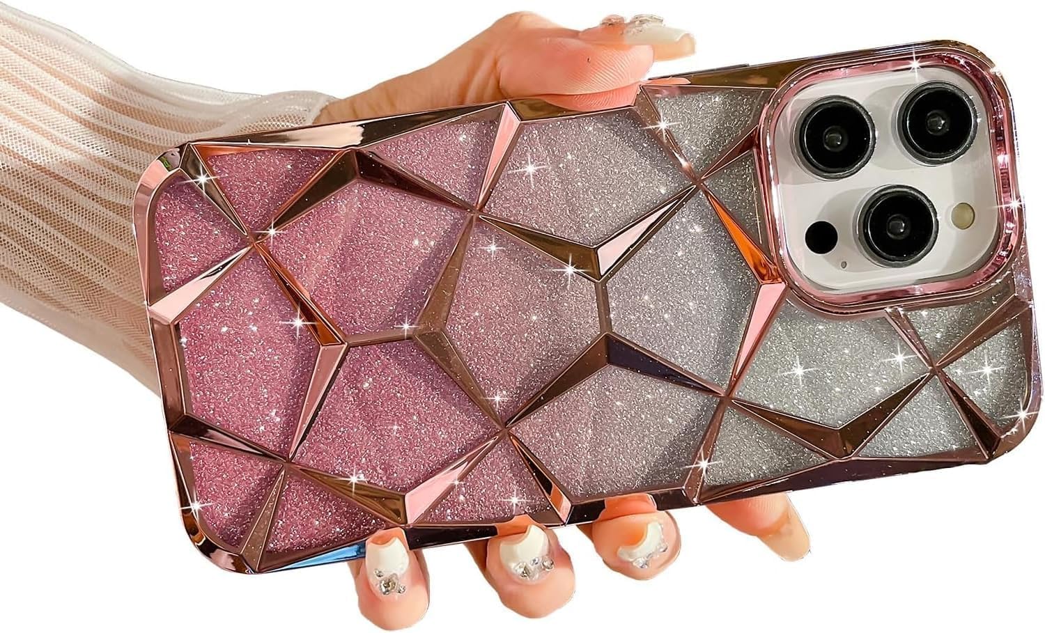 Gradient Glitter Electroplated 3D Cube, Diamond Back Cover - Pink