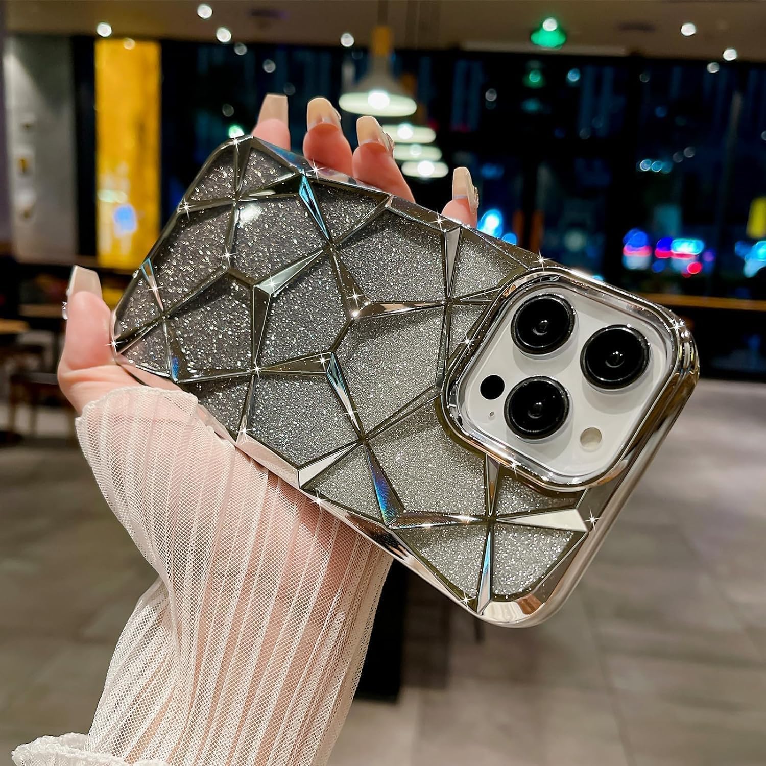 Gradient Glitter Electroplated 3D Cube, Diamond Back Cover - Silver