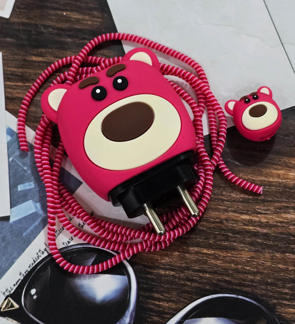 Samsung Cartoon Charger Case Cover for 25W Chargers - Pink Bear (With Wire Cover) - Guleel