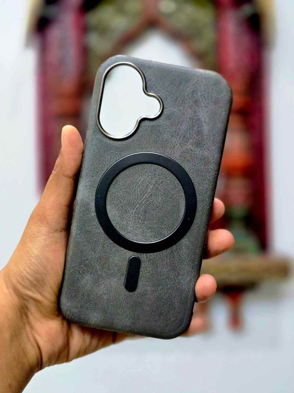 iPhone 16 Plus Leather Finish Magsafe Case - Titanium Grey - Guleel