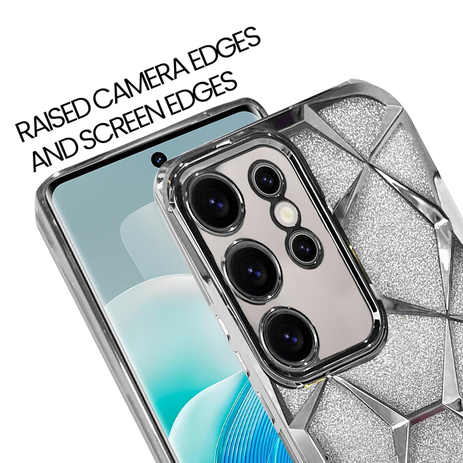 Gradient Glitter Electroplated 3D Cube, Diamond Back Cover - Silver