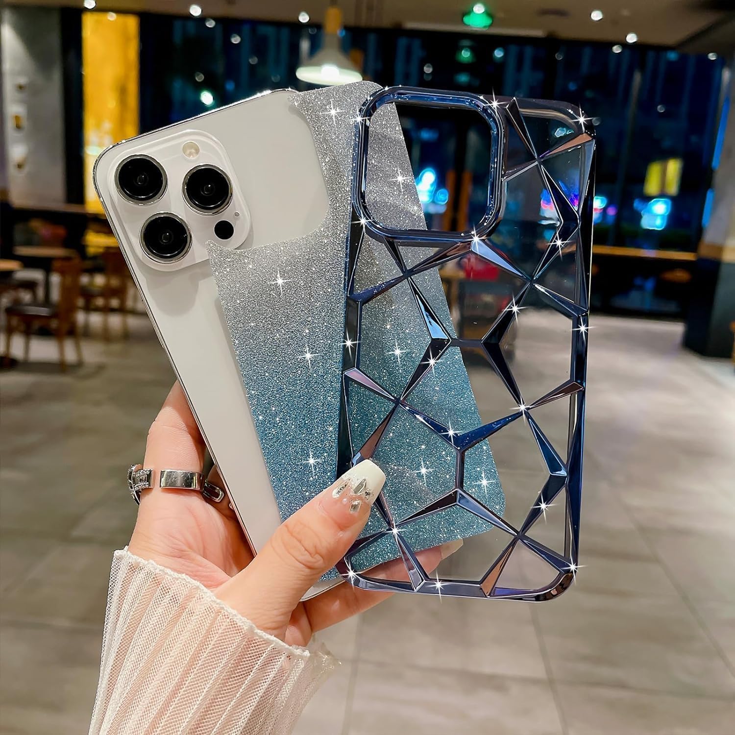 Gradient Glitter Electroplated 3D Cube, Diamond Back Cover - Blue