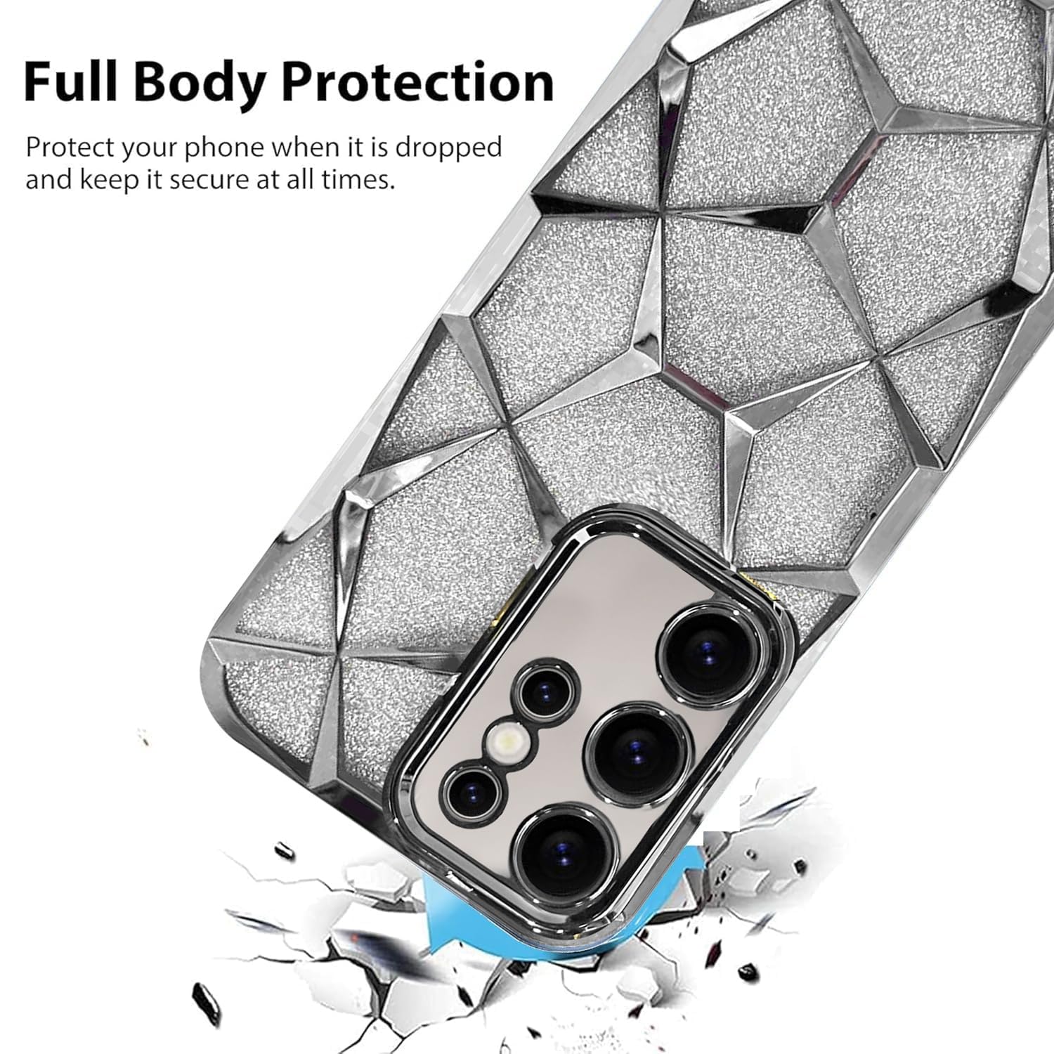 Gradient Glitter Electroplated 3D Cube, Diamond Back Cover - Silver