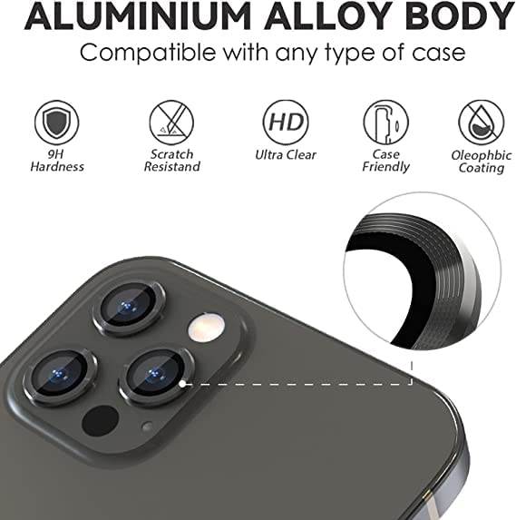 Camera Lens Protector Tempered Glass Film Aluminum Alloy Lens Cover - Black - Guleel