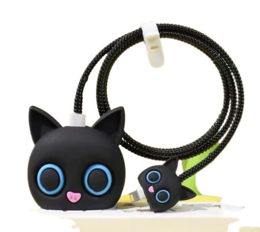 Silicone Cartoon iPhone Charger Case Cover for 18-20W Chargers -  Black Cat