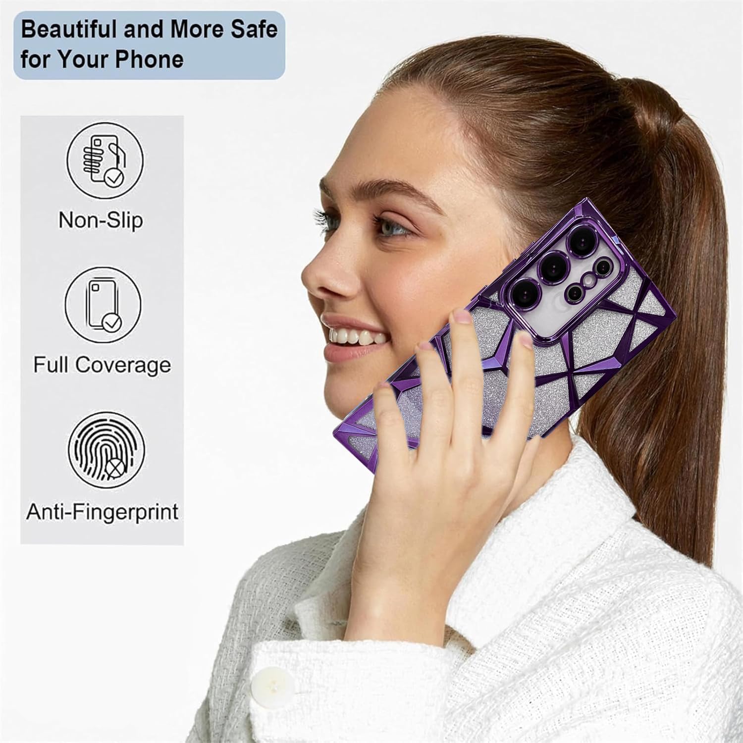 Gradient Glitter Electroplated 3D Cube, Diamond Back Cover - Purple