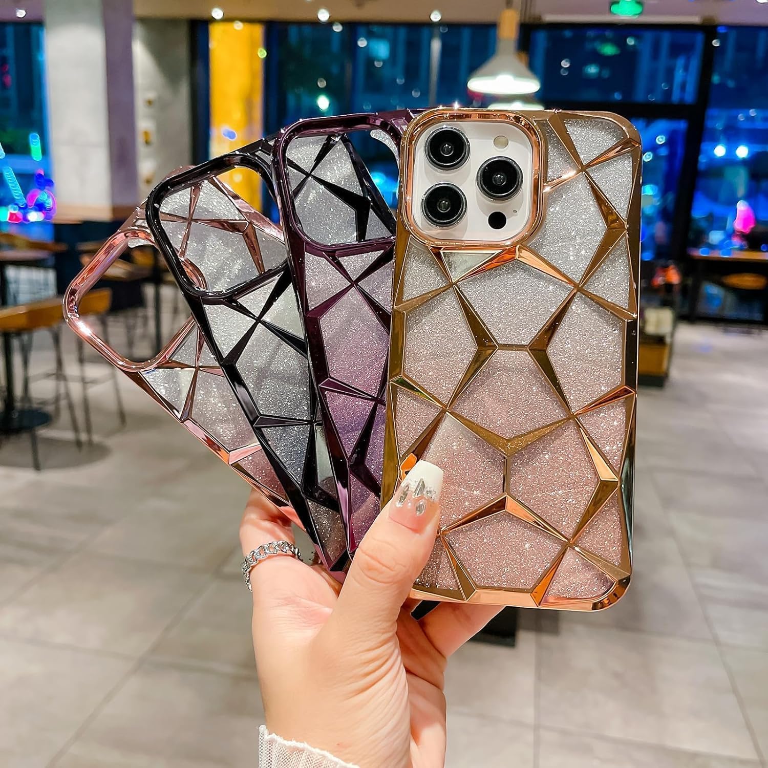 Gradient Glitter Electroplated 3D Cube, Diamond Back Cover - Black