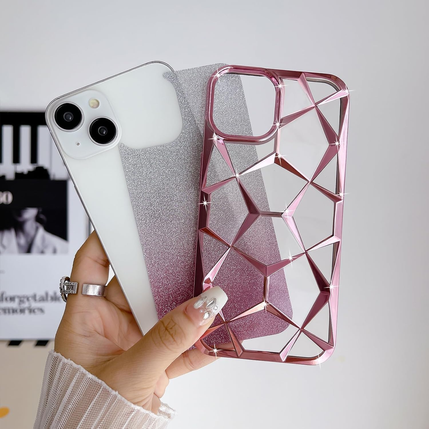 Gradient Glitter Electroplated 3D Cube, Diamond Back Cover - Pink