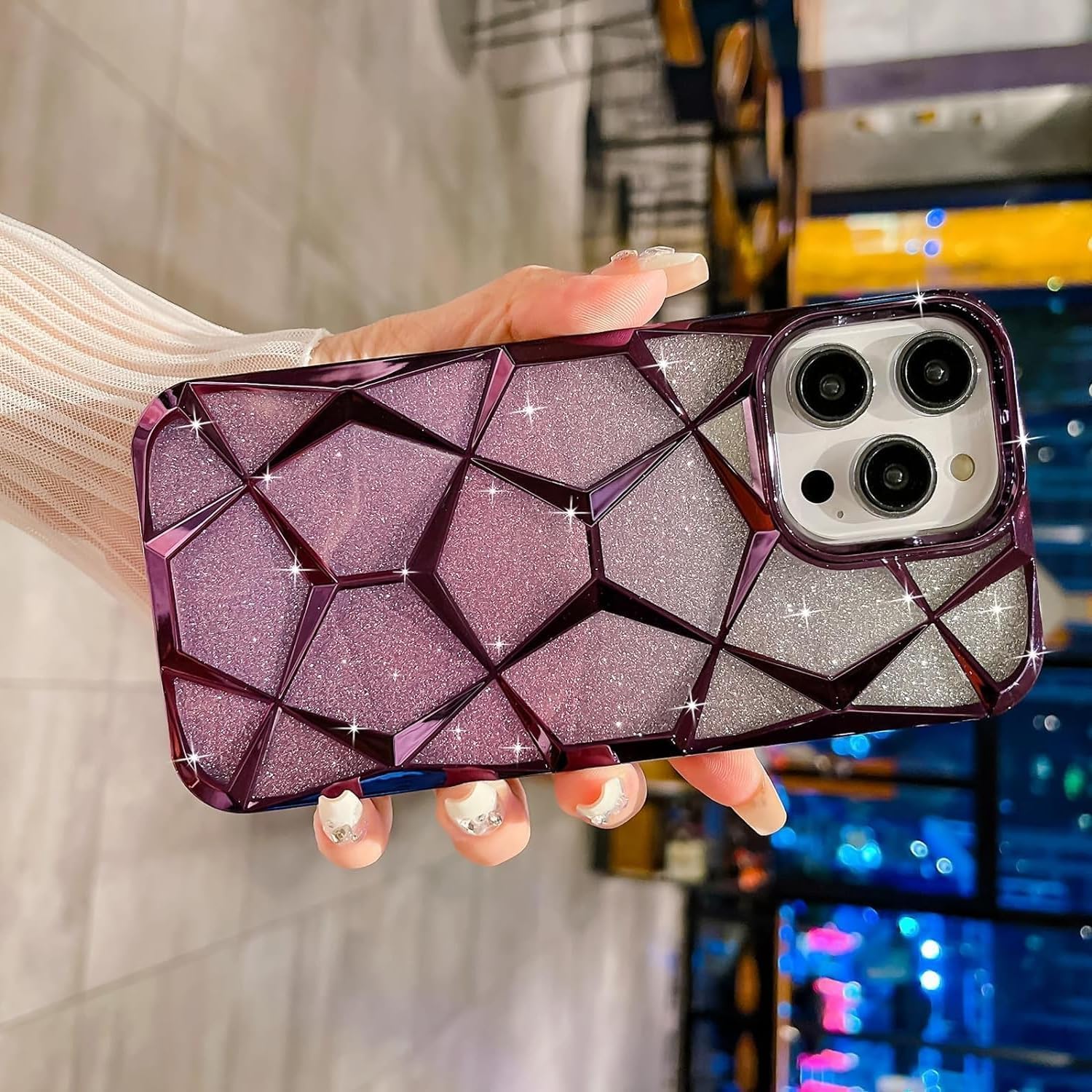 Gradient Glitter Electroplated 3D Cube, Diamond Back Cover - Purple