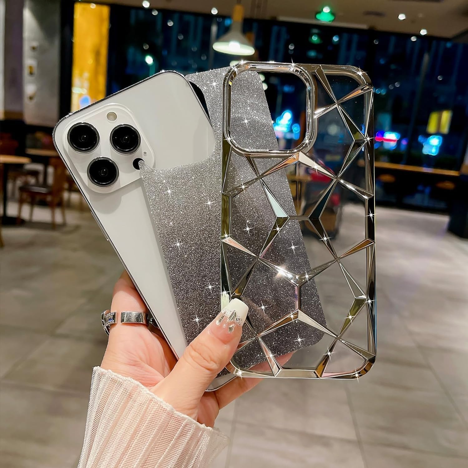 Gradient Glitter Electroplated 3D Cube, Diamond Back Cover - Silver