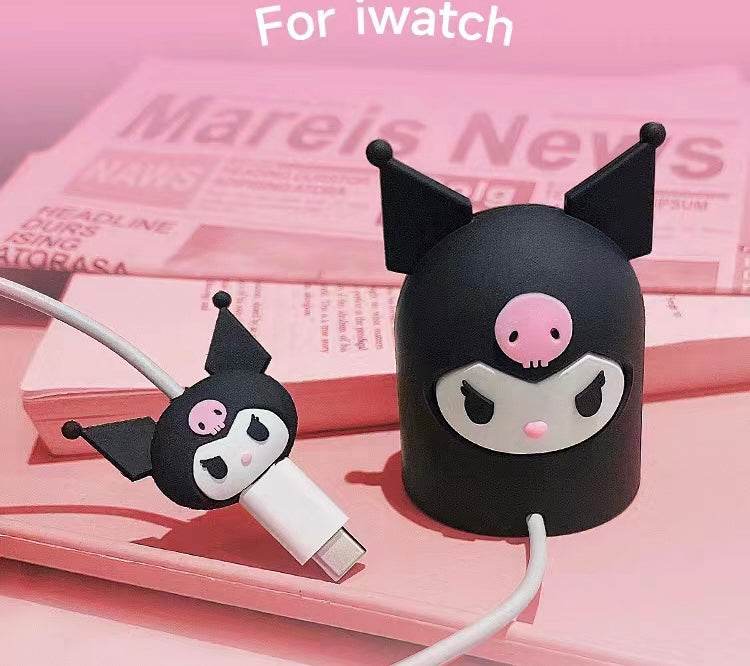 Silicone Cartoon Apple Watch Charging Case Cover - Black Pink - Guleel