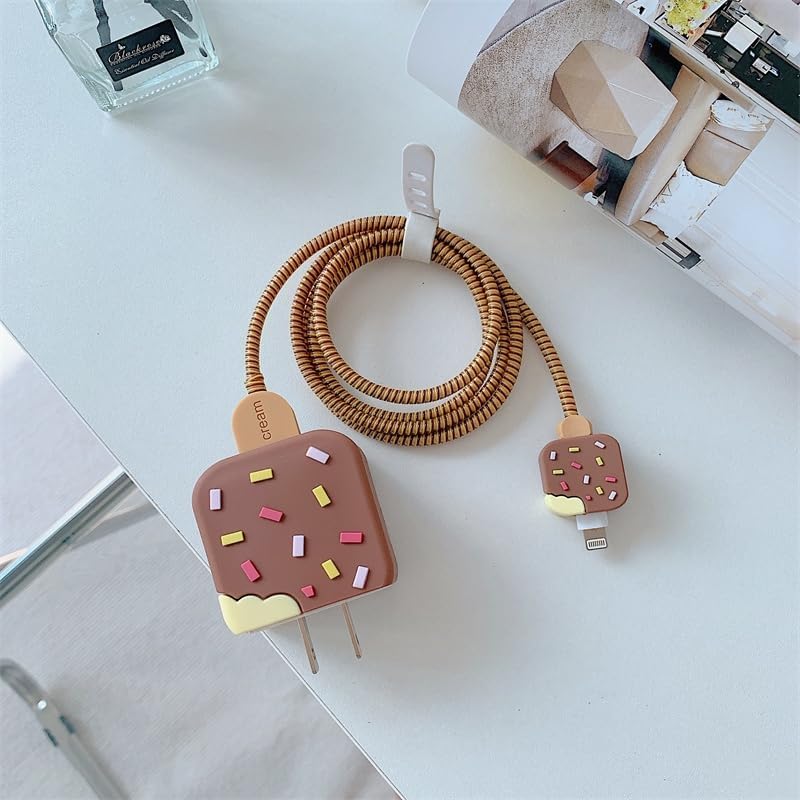 Samsung Cartoon Charger Case Cover for 25W Chargers- Ice cream ( With Wire Cover ) -Brown