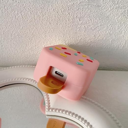 Samsung Cartoon Charger Case Cover for 25W Chargers-  Ice cream ( With Wire Cover ) - Pink