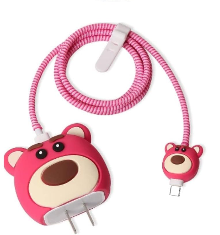 Samsung Cartoon Charger Case Cover for 25W Chargers- Pink Bear ( With Wire Cover )