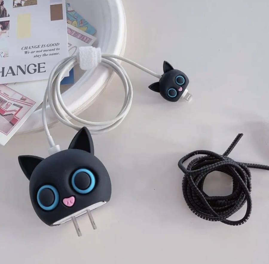 Silicone Cartoon iPhone Charger Case Cover for 18-20W Chargers -  Black Cat