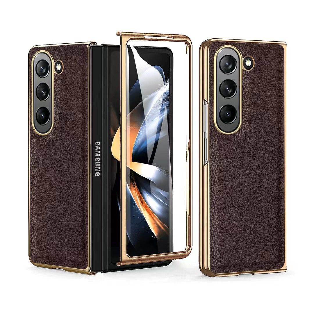 Galaxy Z Fold 3 Premium Leather Wallet Flip Shockproof Case with FREE Front Glass - Brown - Guleel