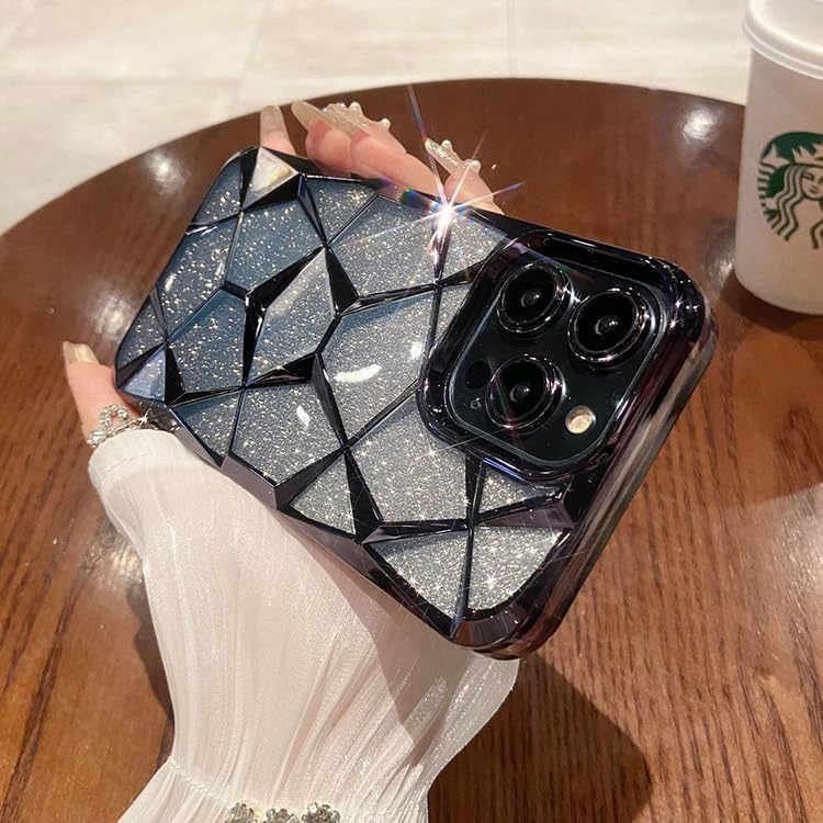 Gradient Glitter Electroplated 3D Cube, Diamond Back Cover - Black