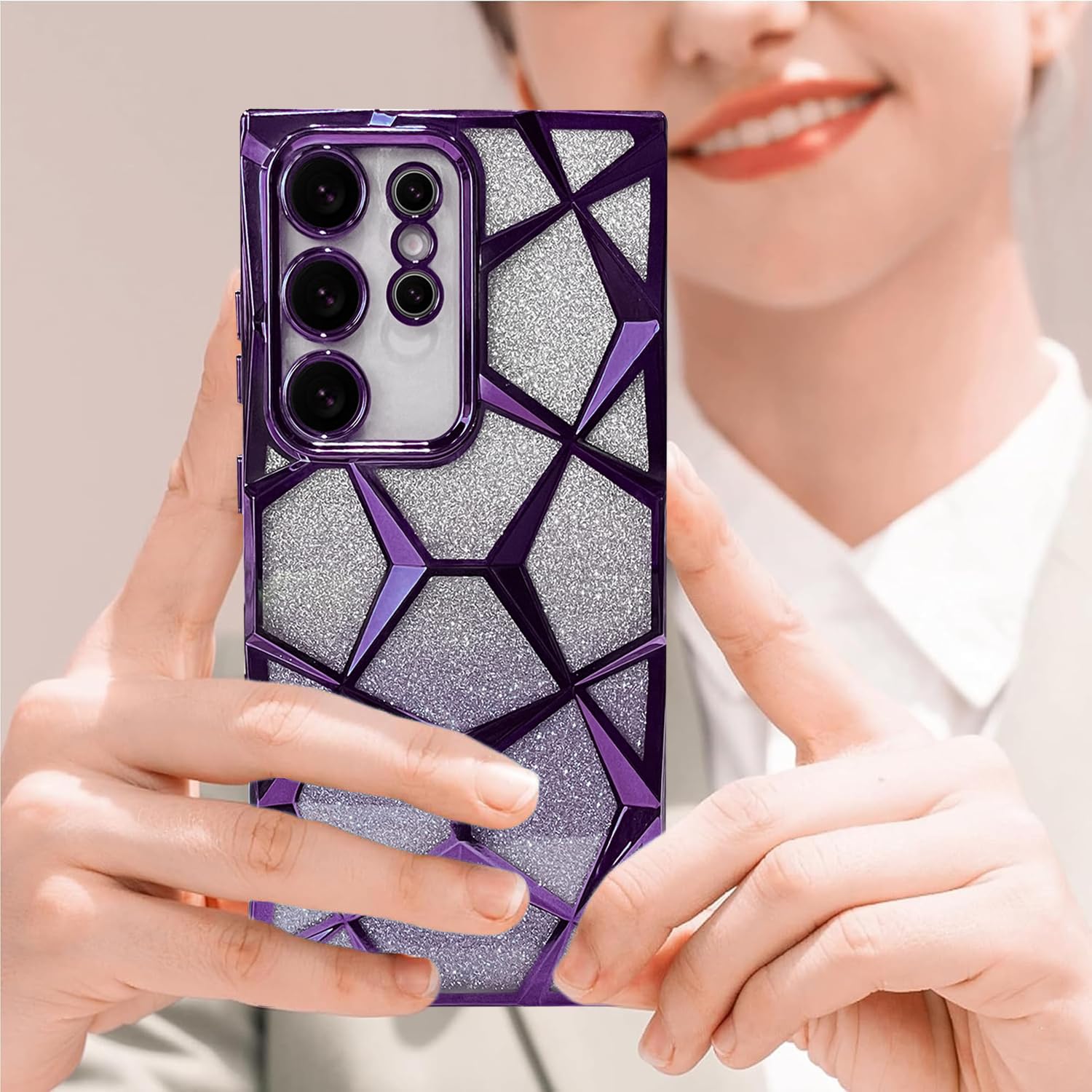 Gradient Glitter Electroplated 3D Cube, Diamond Back Cover - Purple