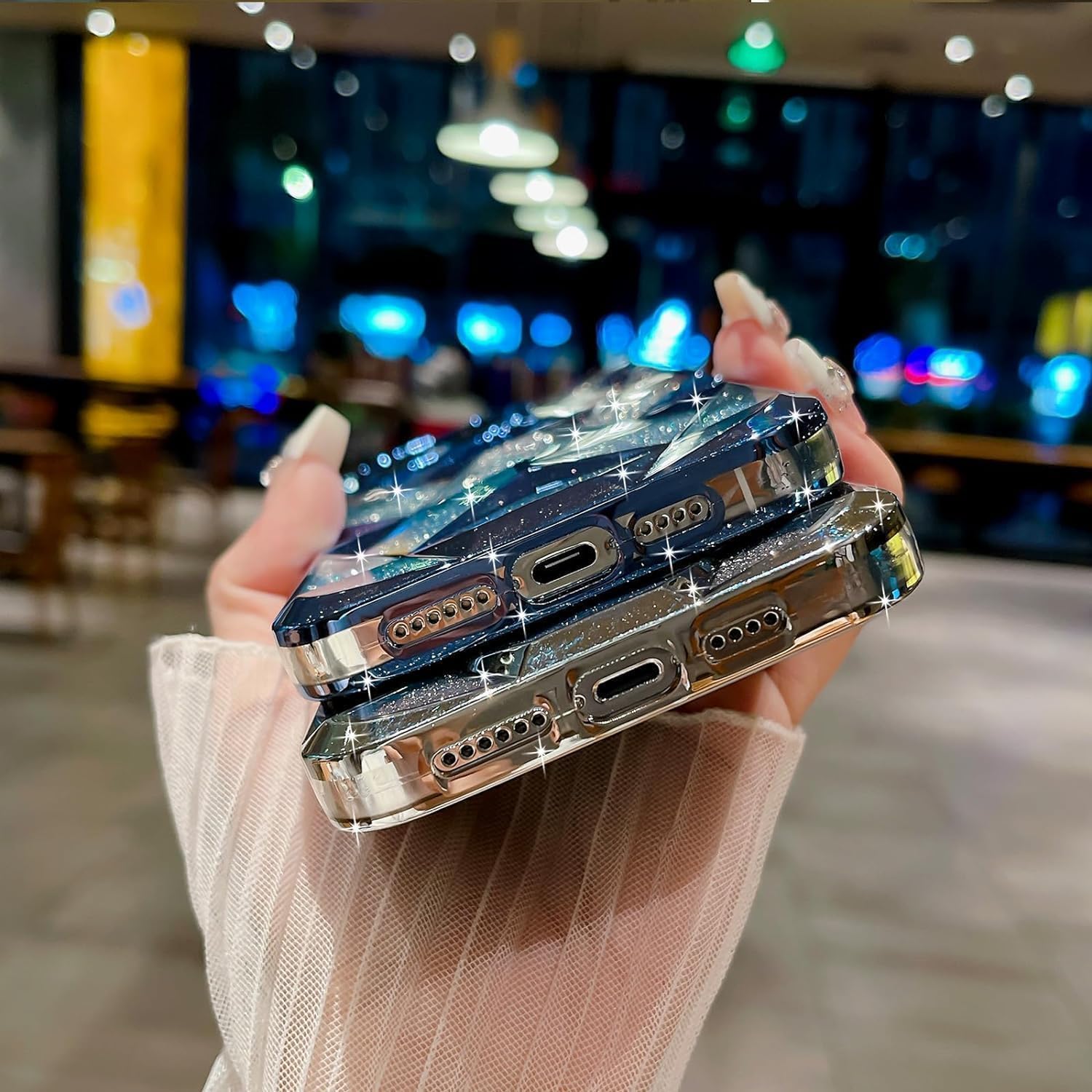 Gradient Glitter Electroplated 3D Cube, Diamond Back Cover - Silver