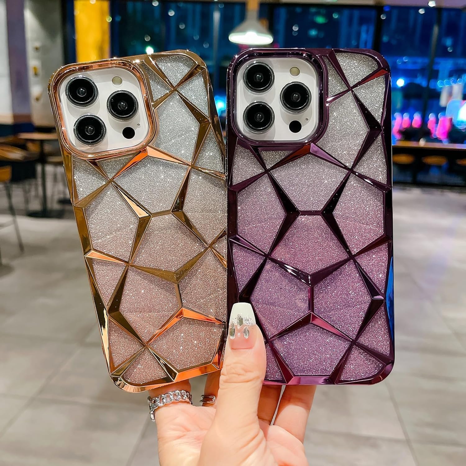 Gradient Glitter Electroplated 3D Cube Diamond Back Cover - Gold