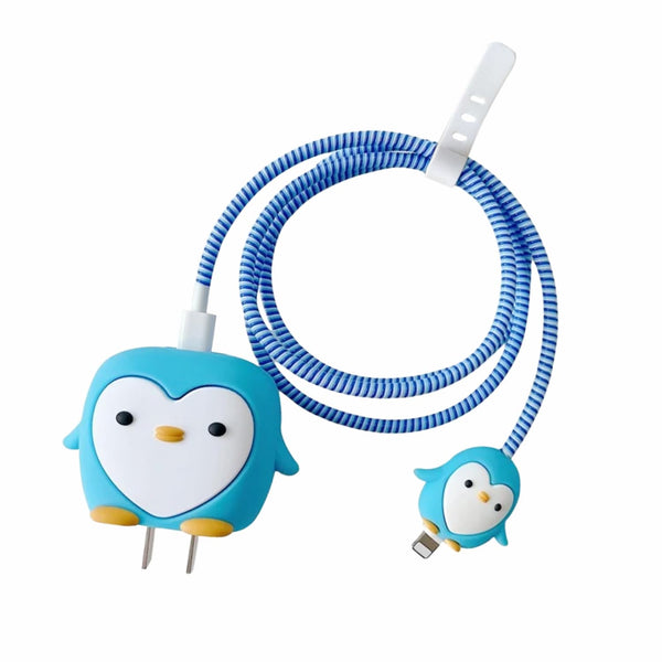 Silicone Cartoon iPhone Charger Case Cover for 18-20W Chargers -  Penguin Blue