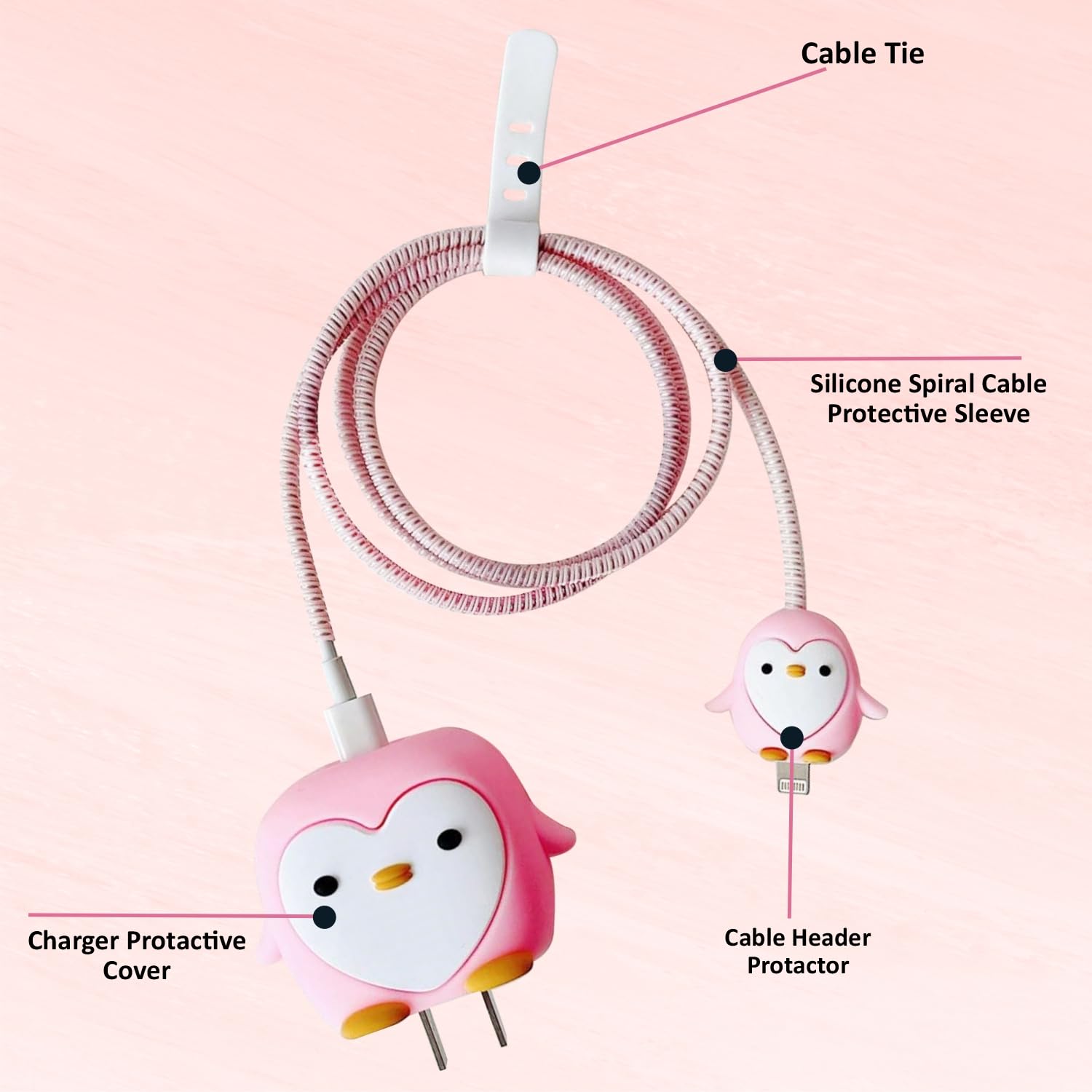 Silicone Cartoon iPhone Charger Case Cover for 18-20W Chargers -  Penguin Pink