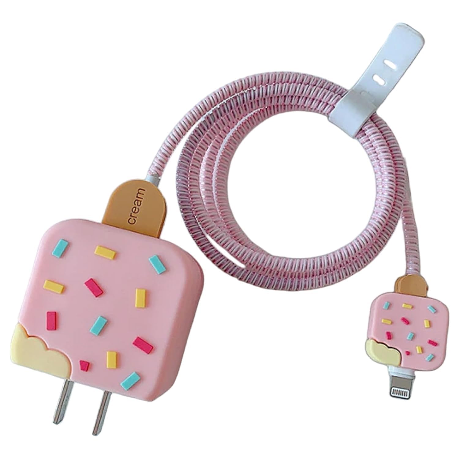 Samsung Cartoon Charger Case Cover for 25W Chargers-  Ice cream ( With Wire Cover ) - Pink