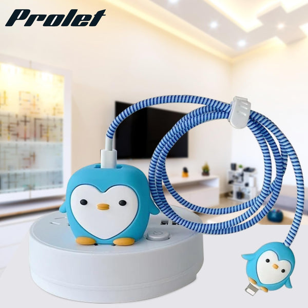 Silicone Cartoon iPhone Charger Case Cover for 18-20W Chargers -  Penguin Blue