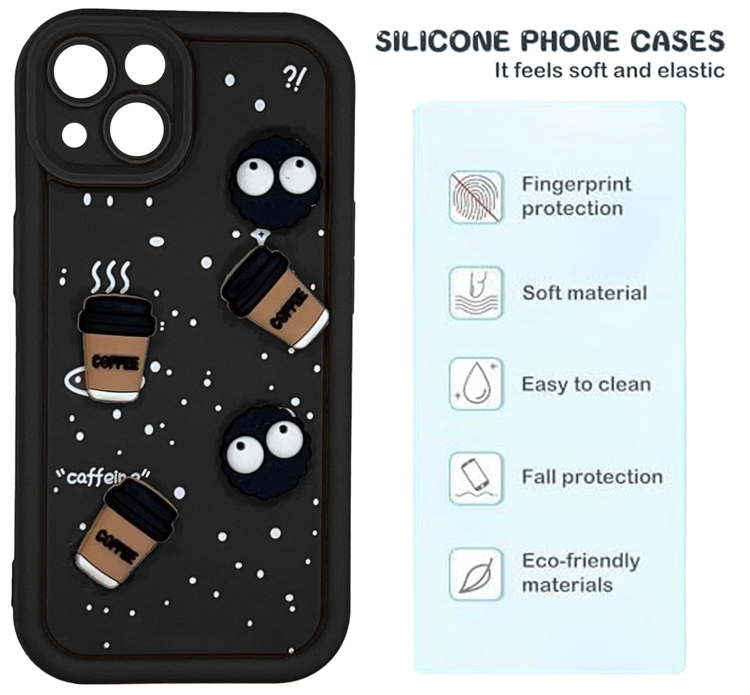 Cute Coffee Silicone Cartoon Back Case Cover - Black