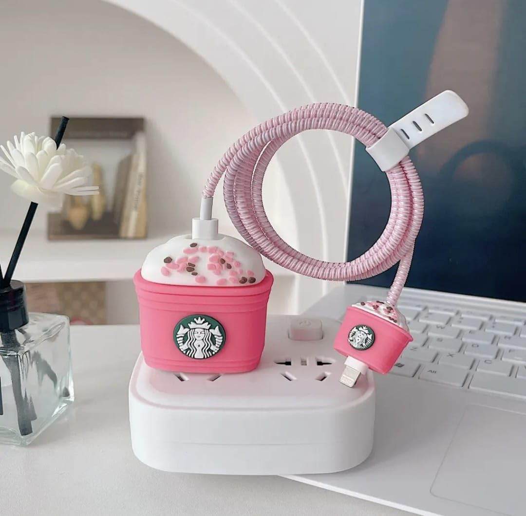 Samsung Cartoon Charger Case Cover for 25W Chargers - Starbucks Pink (With Wire Cover) - Guleel