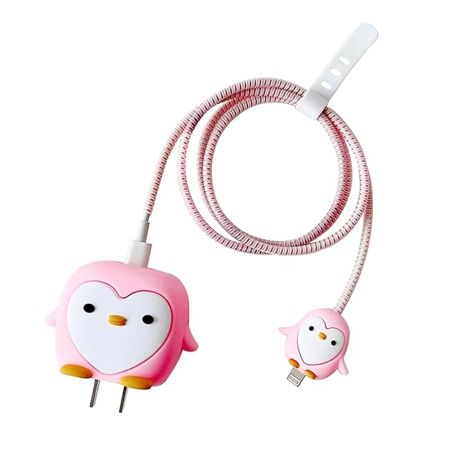 Silicone Cartoon iPhone Charger Case Cover for 18-20W Chargers -  Penguin Pink
