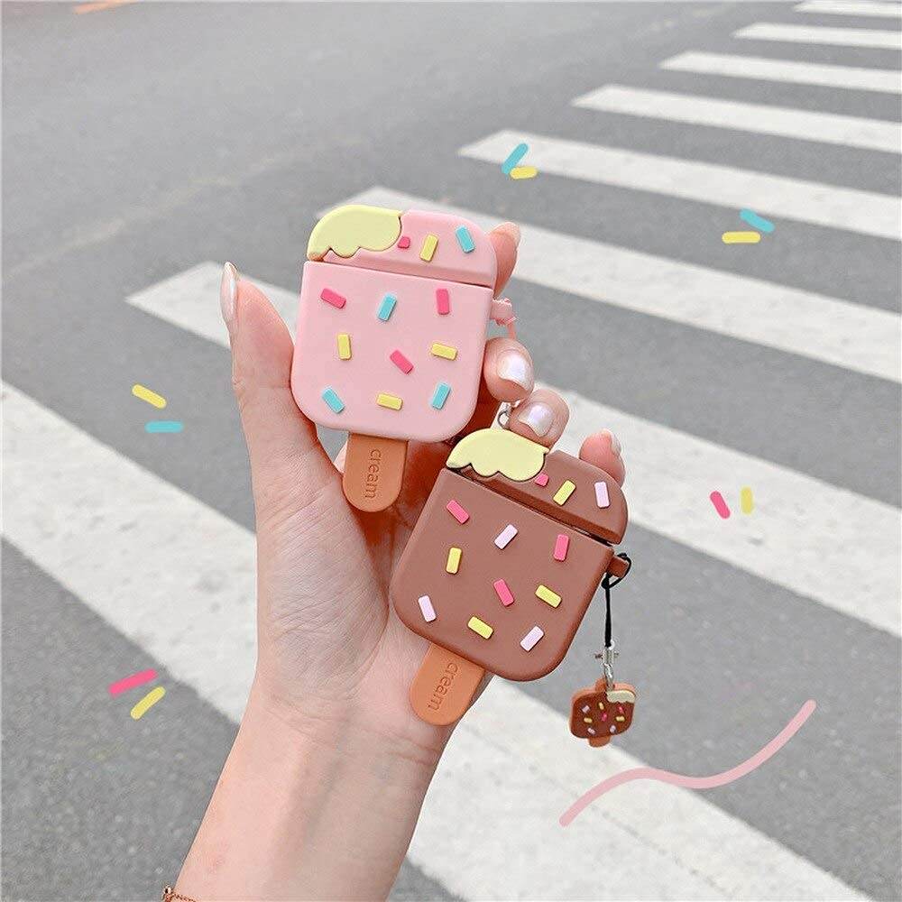 Airpod's 2 Cute Cartoon Silicone Apple Airpod's Case Cover ( Airpods Not Included ) Brown Icecream - Guleel